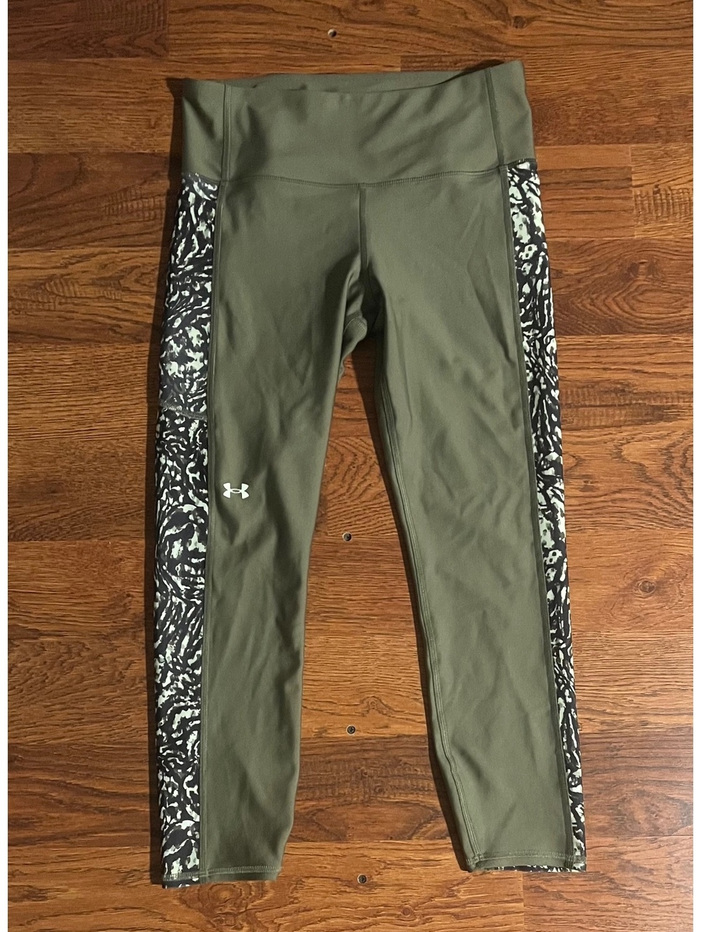 Under Armour Olive Green Leggings with Printed Side Panels,